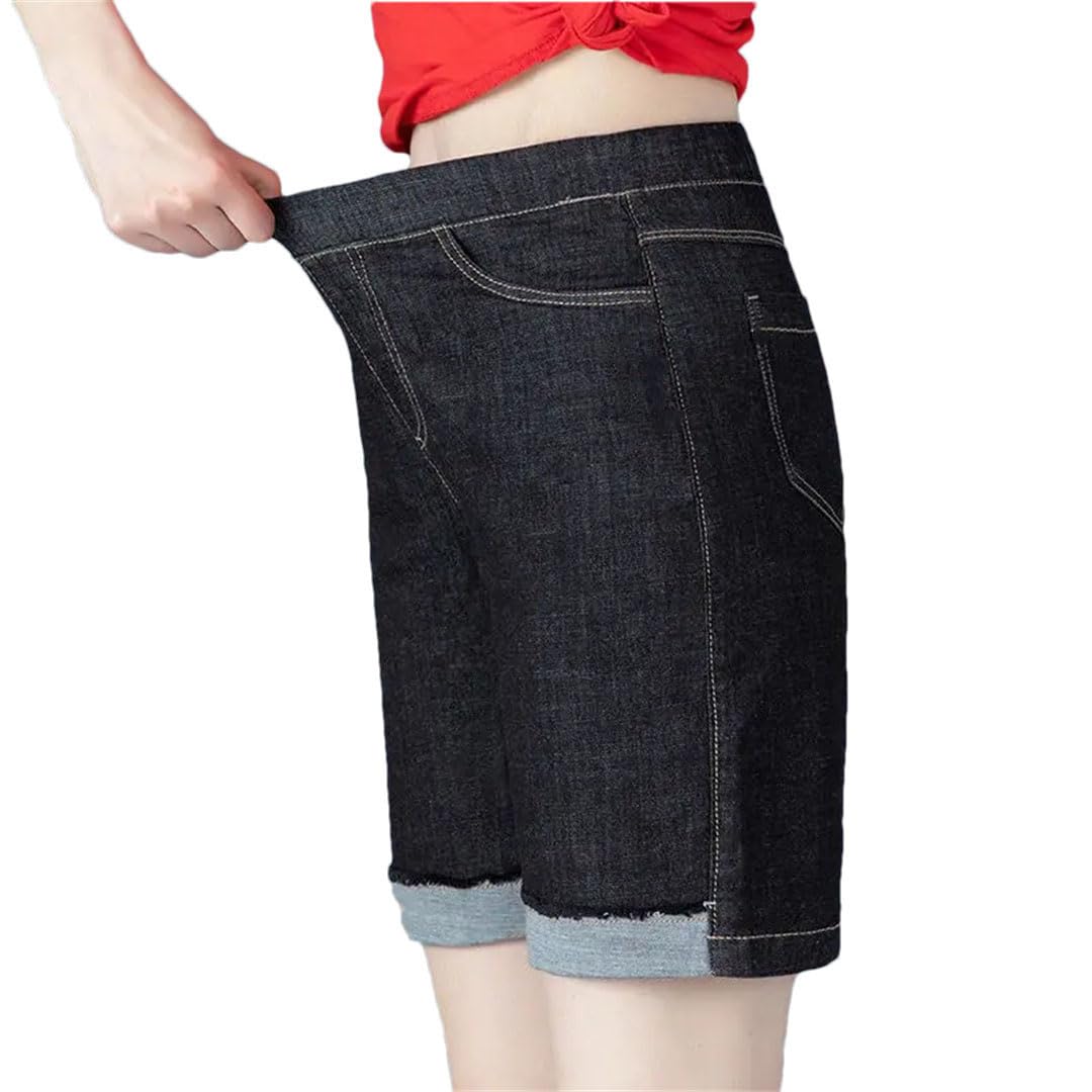 Damskie cienkie dżinsy dopasowane haftowane szorty z elastyczną talią vintage kieszeń luźna talia elastyczne spodnie, 8802-2, 3XL