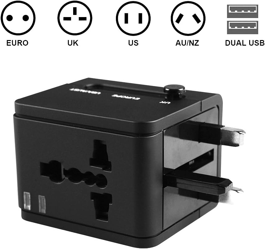 Travel Adapter, ITAOLEBI Universal Power Adapter International Wall Charger AC Power Plug Adapter, Dual USB Port for US EU UK AUS Mobile Phone Laptop (Black)