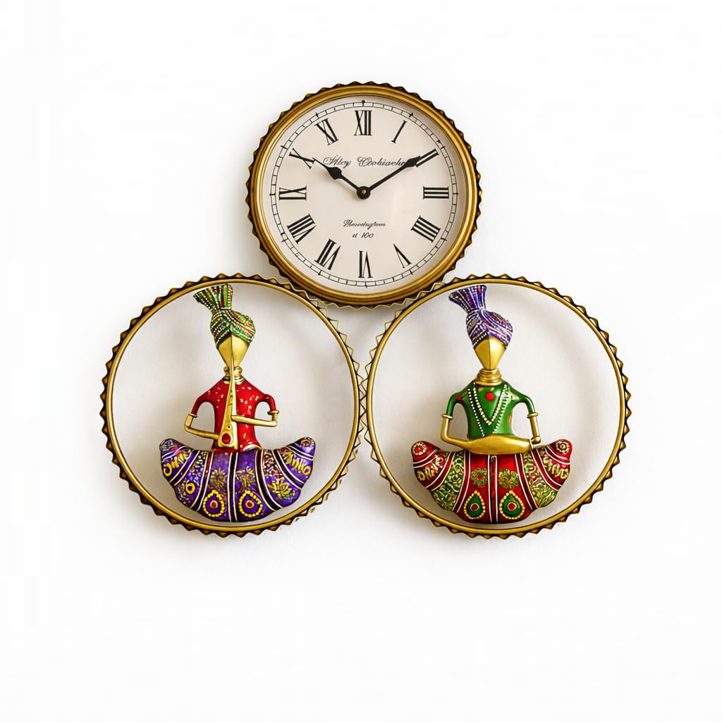 Rajasthani Traditional Wall Clock with Decorative Musician Art | Vintage Metal Wall Clock | Multicolor Home Décor for Living Room Bedroom Office-image-1