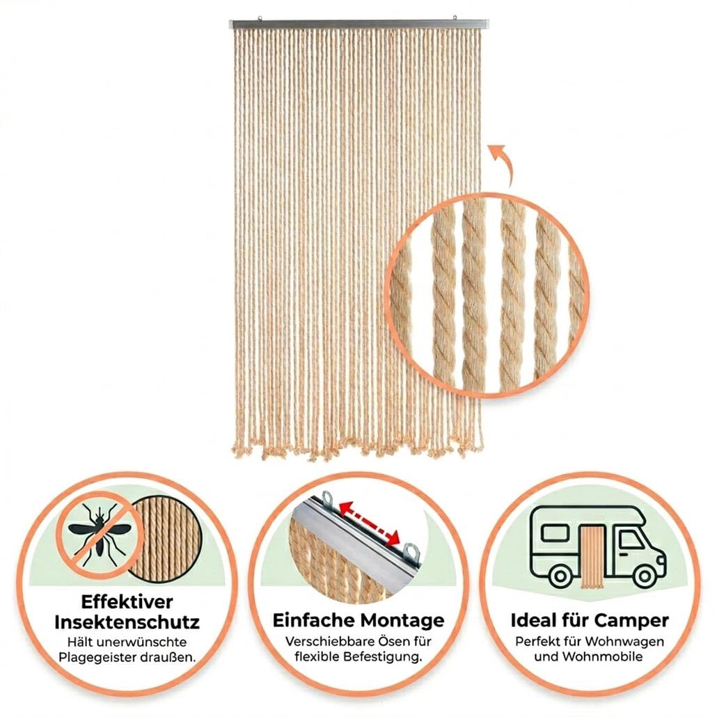 Kobolo Seilvorhang MARITIM 90x195/200cm beige, Türvorhang mit 54 Strängen je 1cm & Aluleiste, luftiger Fadenvorhang als Insektenschutz & Raumteiler, dekorativer Schnurvorhang, für Balkon und Terrasse