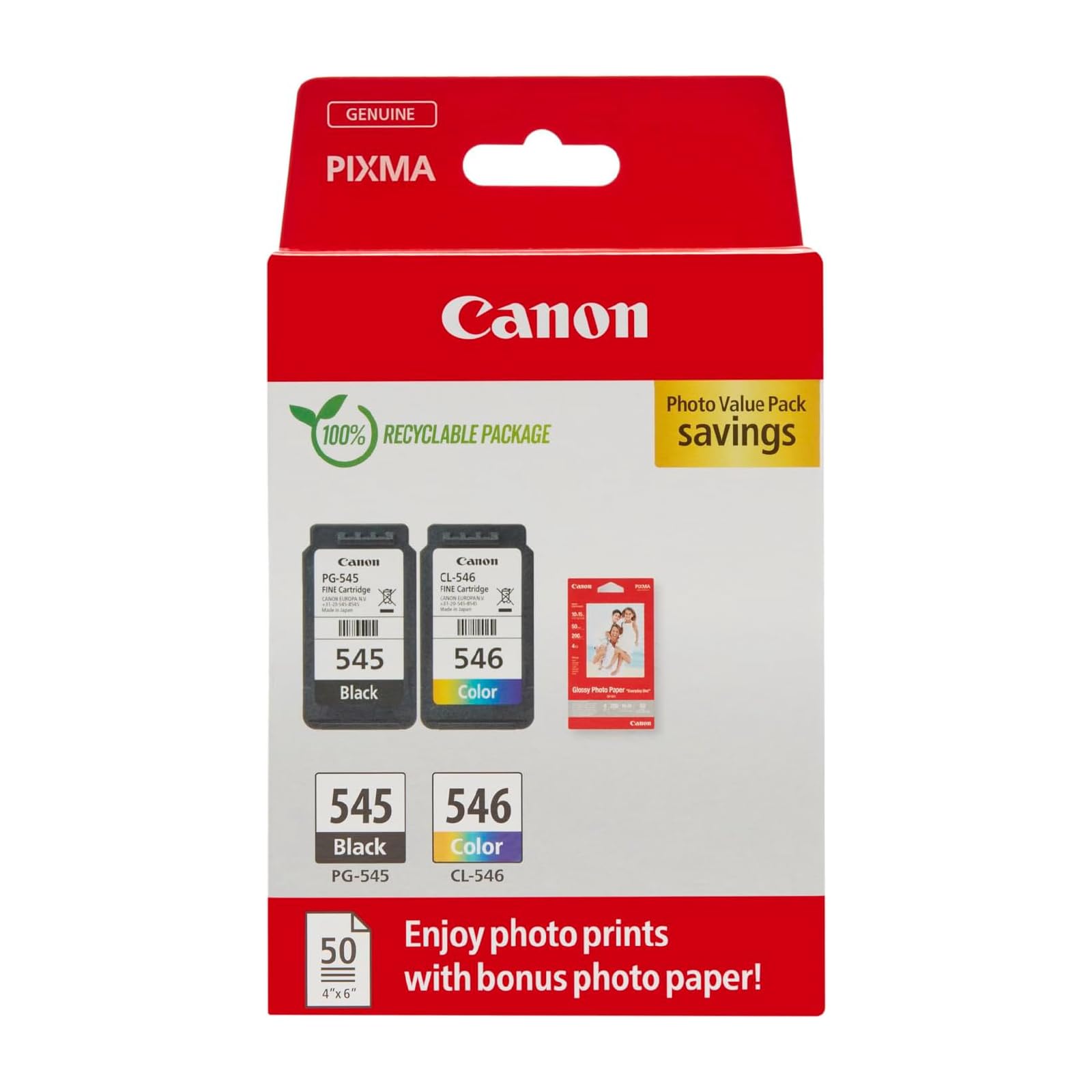 Canon Ink & Paper Multipack - PG-545/CL-546 Genuine Printer Ink Cartridges 2 Pack (1 x Black, 1 x Colour) & 4x6 Photo Paper (50 x Sheets) For TS3350, TS4550, TS3450, TS3150, TR4650, MX495