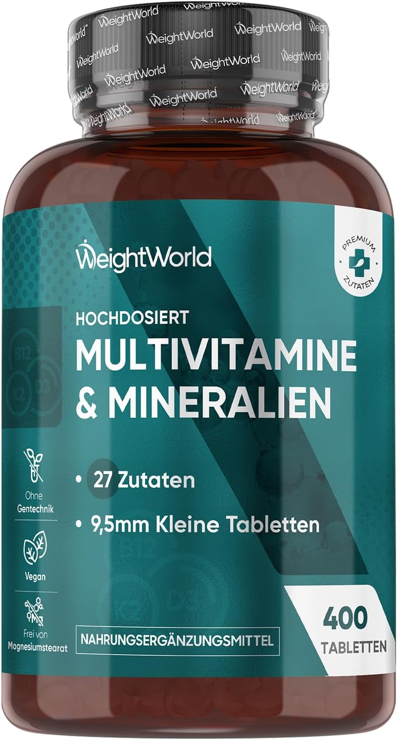 Multivitamin Tablets, 400 Vegan Pieces with 27 Vitamins and Minerals, Vitamin A to Z, Immune System, Energy and Metabolism (EFSA), Dietary Supplement for Men and Women, From WeightWorld