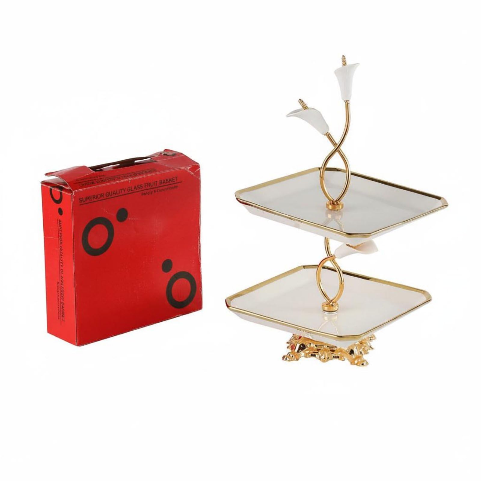 Qianly Piatto da Dessert in Ceramica Alzata a Due Livelli Vassoio Frutta Supporto Dolci Centrotavola con Telaio in Ferro E Decorazioni Floreali Elegante E, Moderno-B