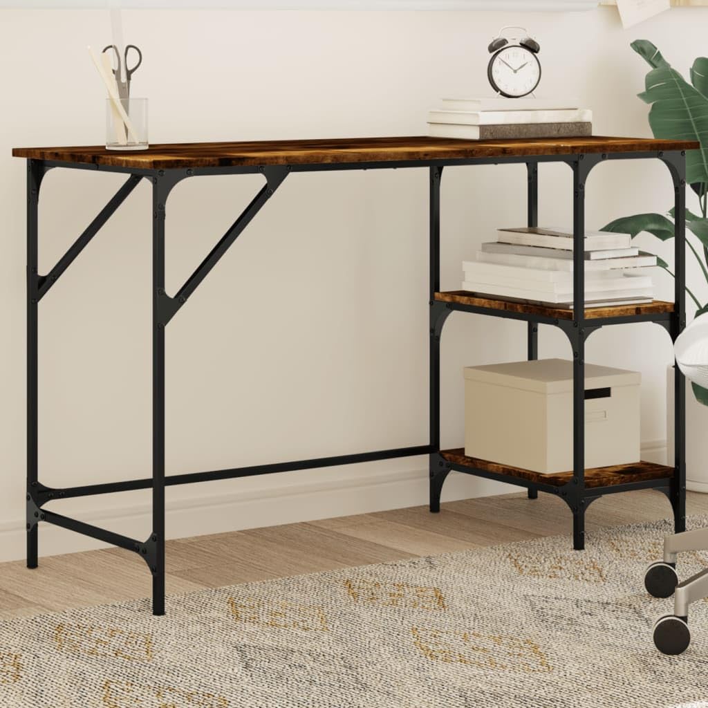 Escritorio de roble ahumado de 120 x 50 x 75 cm con marco de metal y patas ajustables, amplia superficie de trabajo, estante extraíble, mesa de ordenador estable para oficina, oficina en casa
