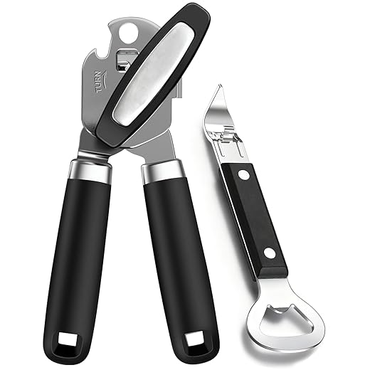 2PCS Can Opener Manual & Bottle Opener, Smooth Edge Manual Can Openers with Strong Magnet, Heavy Duty Stainless Steel Abrelatas Handheld Can Openers - Premium Kitchen Supplies (Black)