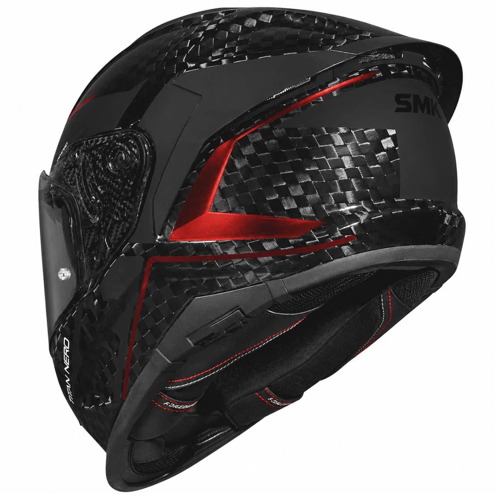 SMK Titan Carbon Nero Rojo Cromado - Casco de Moto Integral en Fibra de Carbono con Visor Solar Interior - Unisex Helmets Hombre y Mujer, Homologado 22.06