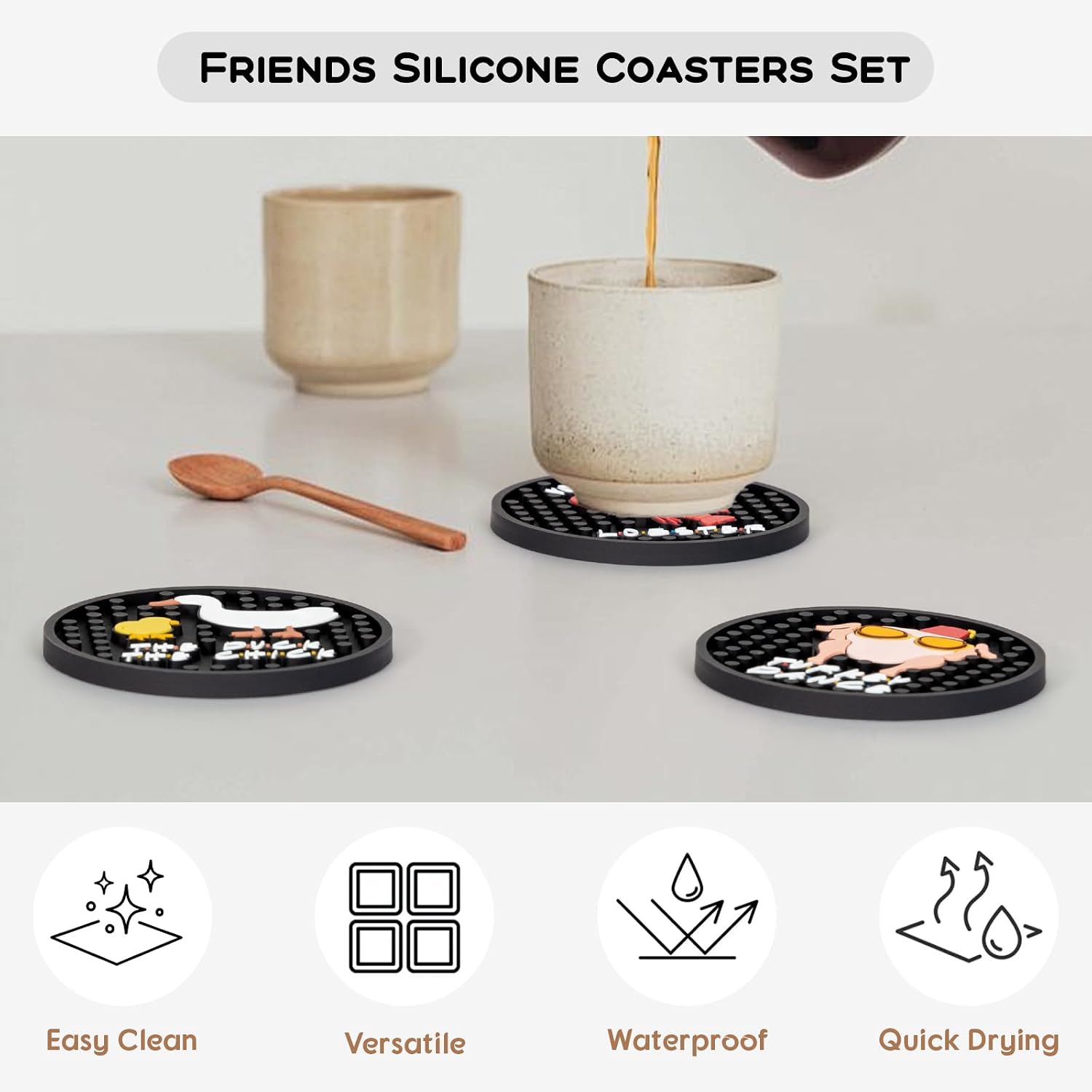 Friends TV Show Merchandise, Silicone Drink Coasters Set with Holder, Coffee/Beer Table, Furniture and Tabletop Protection, Home/Kitchen/Friends Decor, Set of 6, Black
