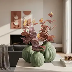 Trio De Vasos Decorativos Com Flores de eucalipto Artificial Toque Real (Vaso VERDE/Folha VERMELHA)