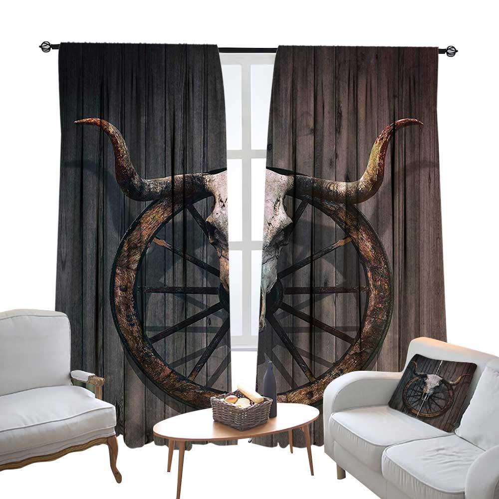 DESPKON Barn Wood Wagon Wheel Curtains Long Horned Bull Skull and Old West Wagon Wheel on Rustic Wall soundproof Curtains,Bedroom Window Drapes 2 Panel Set,108 W X 108 L Inches,Black Brown White