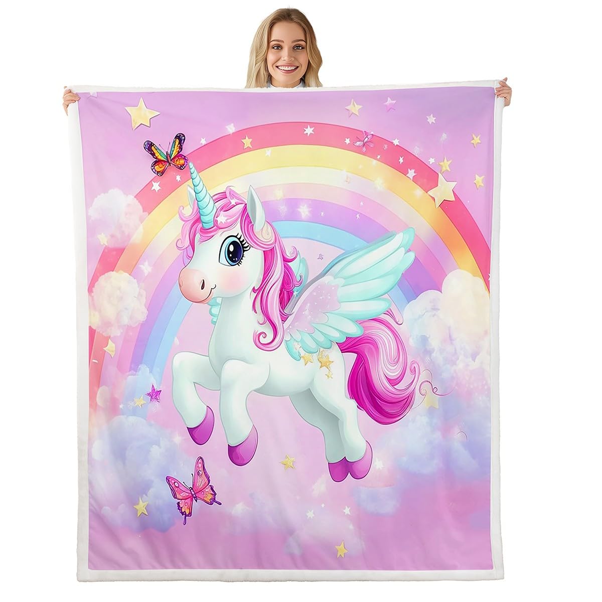 Loussiesd Einhorn Decke 150x200cm Süße Tiere Muster Kuscheldecke Kinder Mädchen Regenbogen und Sterne Drucken Wohndecke Mikrofaser Flanell Fleecedecke