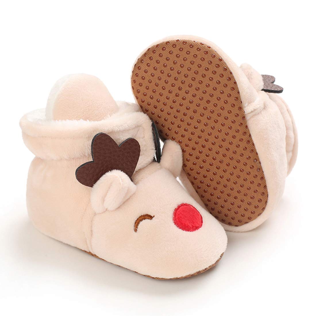 iDzn Baby Girls Boys Cozy Fleece Booties Christmas Reindeer Elk Design Newborn Shoes Infant Footwear (Beige, 0_months)