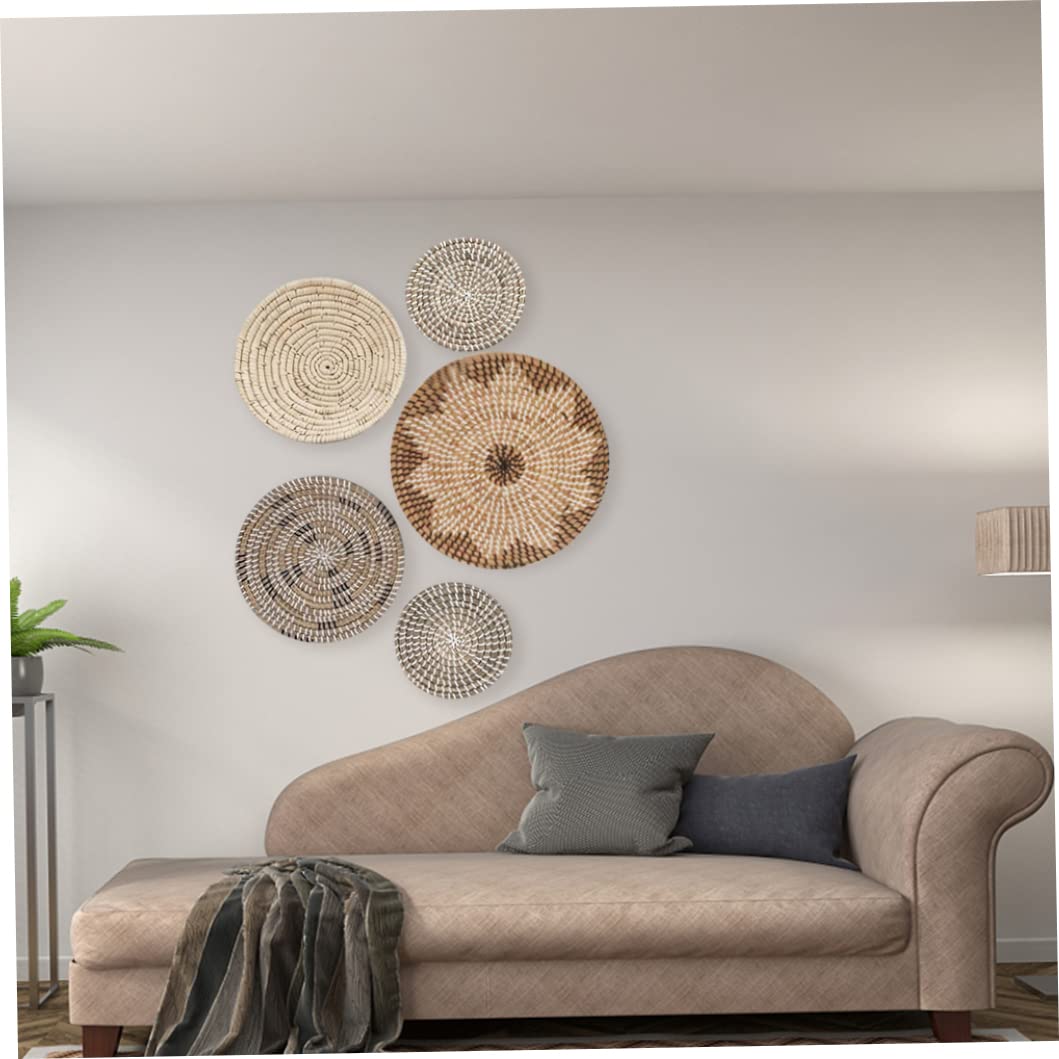 Decoración de pared tejida, juego de canasta de pared tejida de 5 de diferentes tamaños colgantes decoración de cesta tejida redondo de canasta de pasos de mar plano arte de pared para decoraciones d