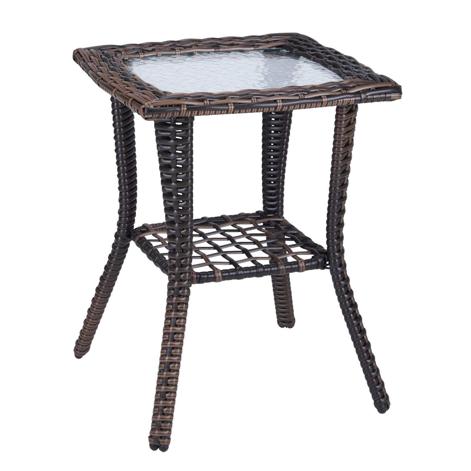 Bonnlo Small Rattan Side Table with Tempered Glass Top, Garden Coffee Tables for Outside, Weatherproof for Patio Porch Backyard Brown