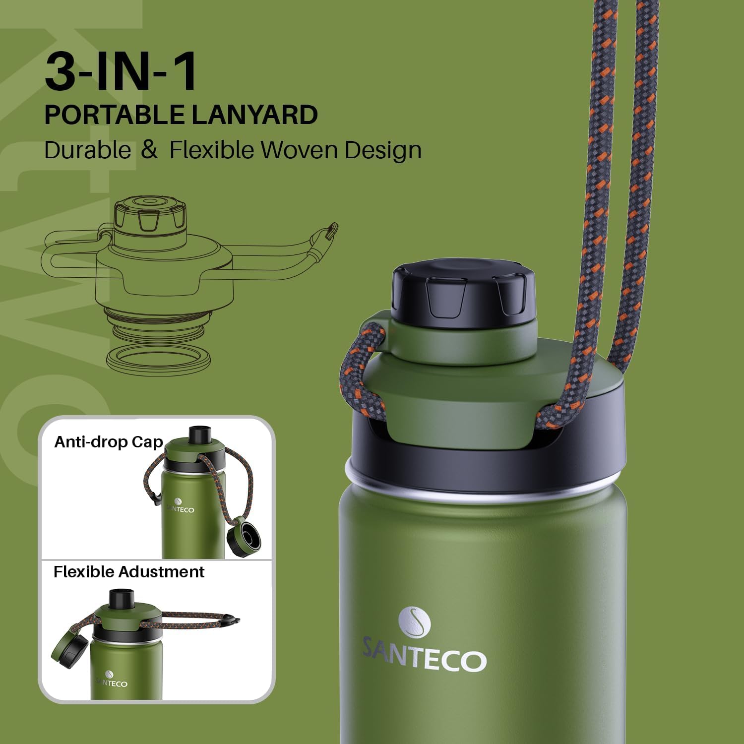 SANTECO Bottiglia Termica 500ml/710ml, Borraccia Acciaio Inox Senza Perdite, Bottiglia d'Acqua Sportiva per Bambini, Scuola, Sport, Campeggio, Yoga, Palestra, Ciclismo, Senza BPA