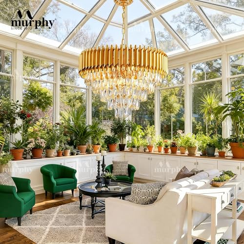 Image of Murphy Radiance 800mm Golden Crystal Pendant Light | Modern Round Ceiling Chandelier for Living Room, Bedroom & Hall (Antique Gold, 3-in-1 LED Plate - Warm White, Natural White, Cool White, Pack of 1)