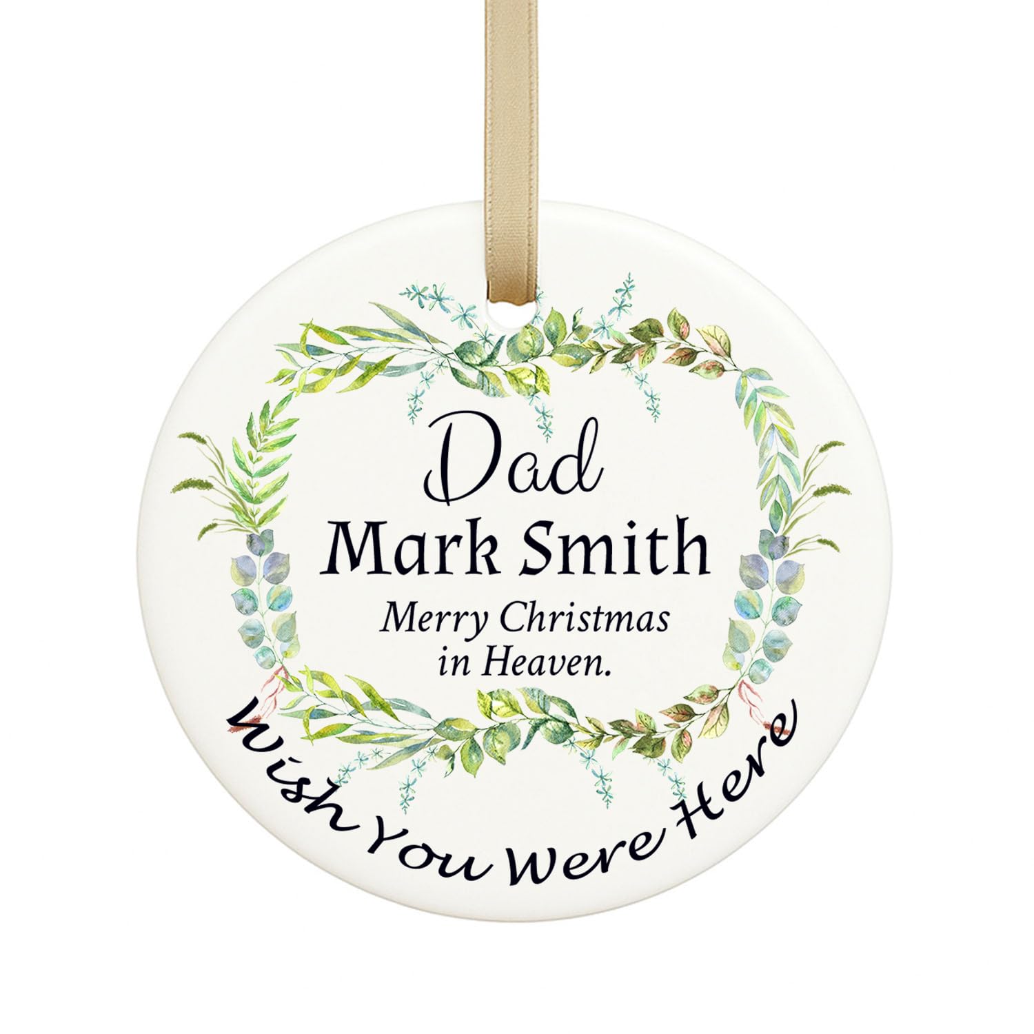 Gutegifts White Personalised Memorial Christmas Ceramic Bauble Ornaments Plaque Mum Dad Bereavement Remembrance Gifts Xmas Tree Decoration-Merry Christmas In Heaven,Wish You Were Here