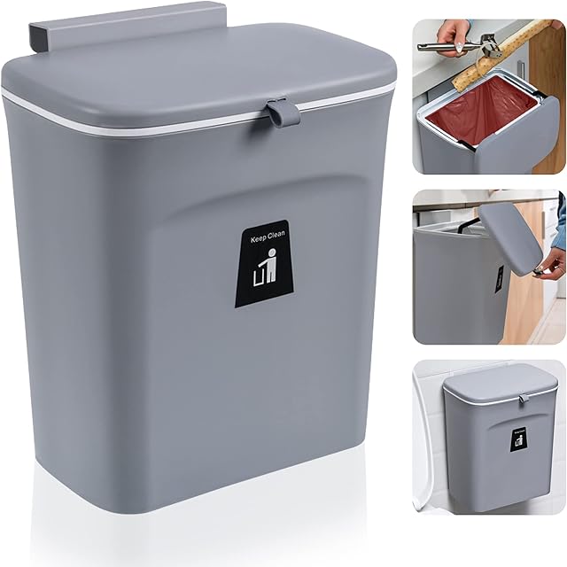 Hanging Trash Can with Lid, 9L Kitchen Bin with Sliding Lid, Plastic Cupboard Bins for Kitchen, Applicable to Cabinets, Kitchen, Motorhome, Bathroom, Bedroom, Living Room, Office(Gray).