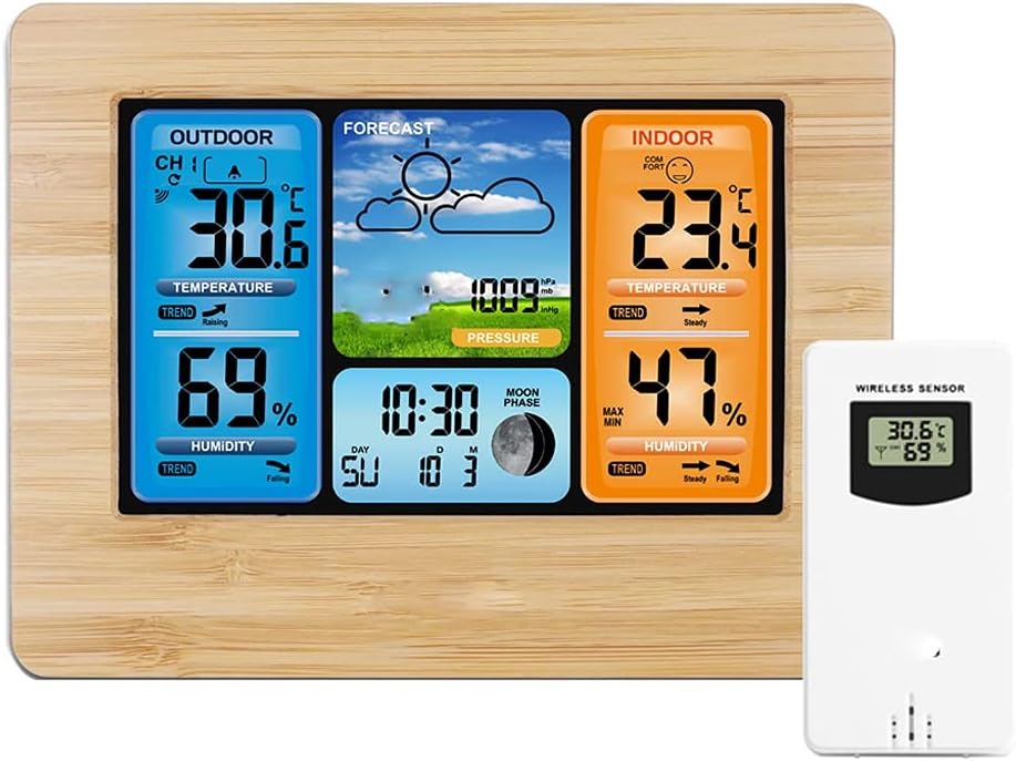 JSEIAJB Weather Station Wall Clock Indoor Outdoor Temperature Humidity Barometer Alarm Clock Moon Phase