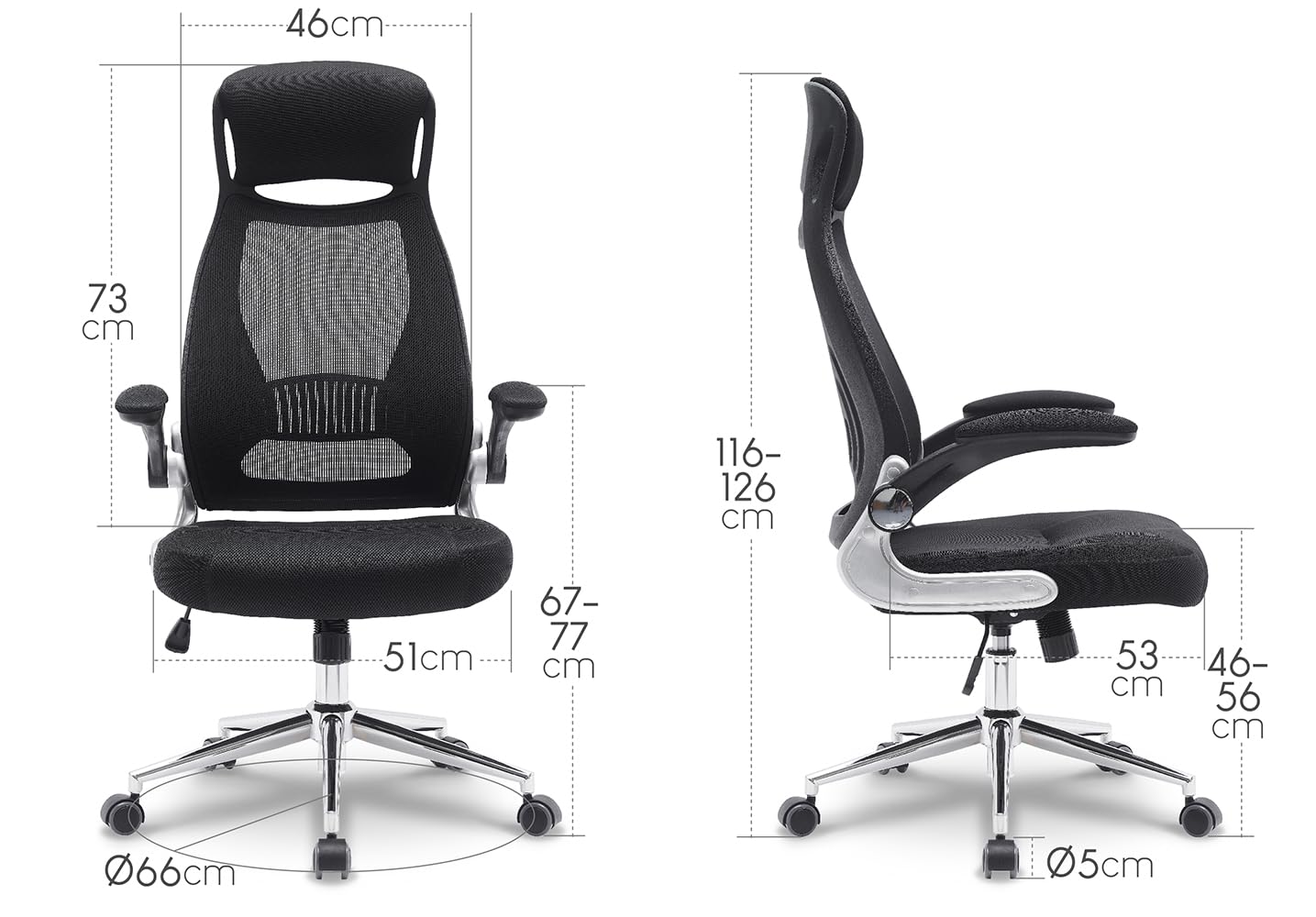 Ergonomiczny fotel biurowy z tkaniny siatkowej, wysokie oparcie z wbudowanym zagłówkiem, podnoszone podłokietniki, podparcie odcinka lędźwiowego, regulacja wysokości, chromowana metalowa stopa