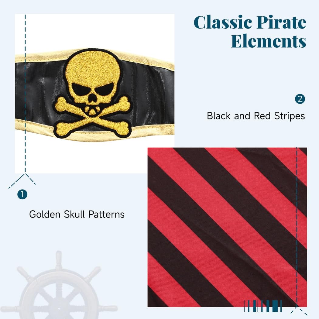 Mädchen Piratenkostüm, Piratenkleid für Kinder, Cosplay Piratenoutfit mit Kleid, Gürtelschärpe und Stirnband, Rollenspiel Verkleidung für Mädchen, schwarz rot mit Totenkopf-Muster