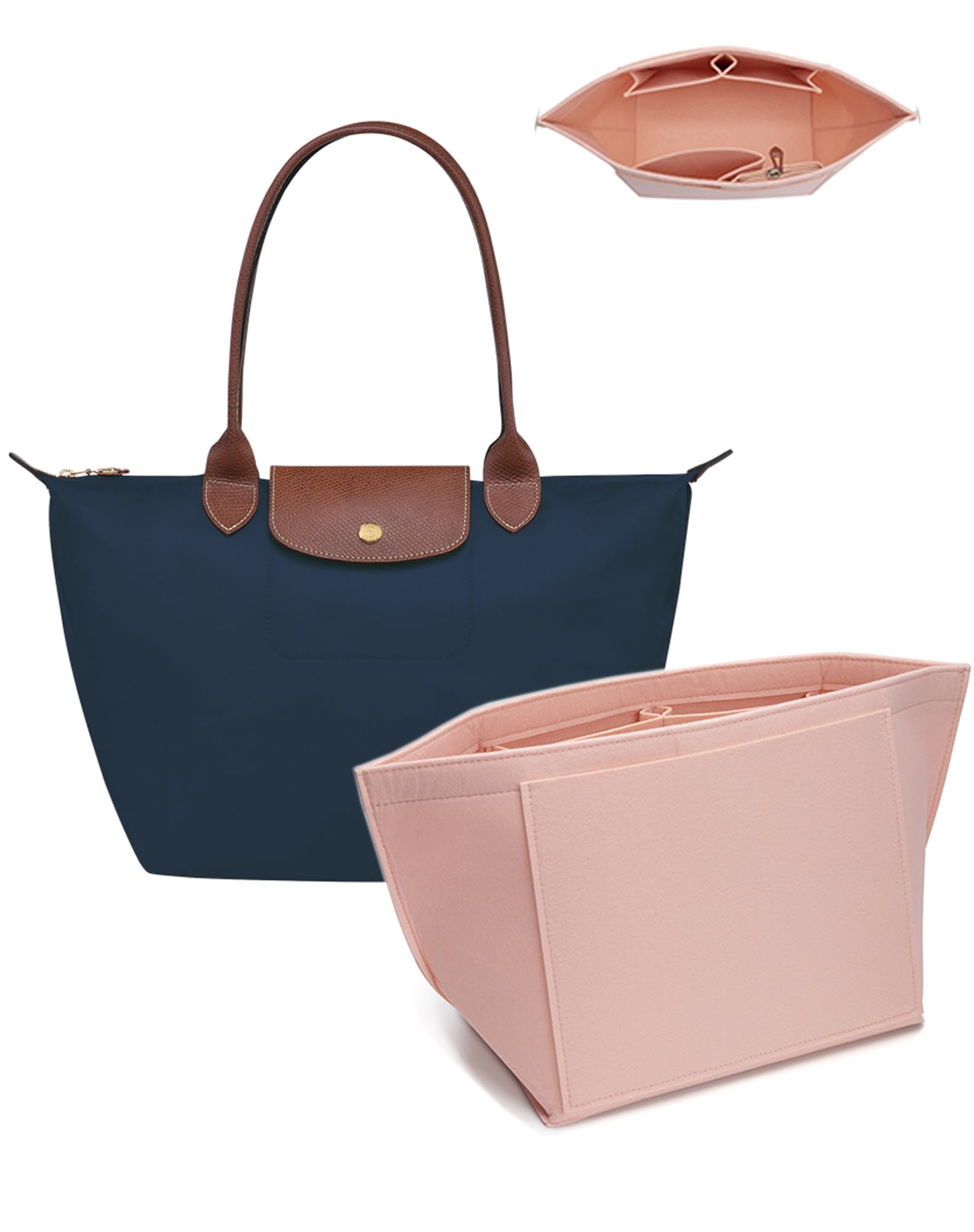 Umiup Longchamp Le Pliage Large Felt Handbag Organizer with Cup Holder and Zipper, 8 Compartments (Pink, Large 28 x 25 x 17 cm)