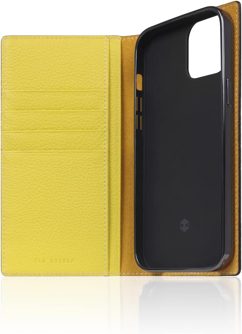 D8 Neon Full Grain Leather Wallet Case for iPhone 14 - Handcrafted Diary Style with Card Holders and Side Cash Pocket, Gift Box Included (Lemon)