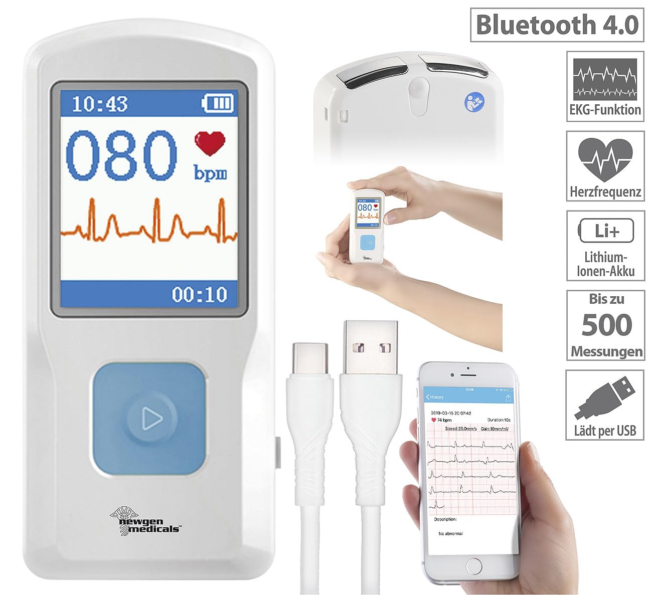 newgen medicals EKG für Zuhause: Mobiles medizinisches EKG-Messgerät mit PC-Software und App (Gerät, Gerät für Zuhause, Mobile)