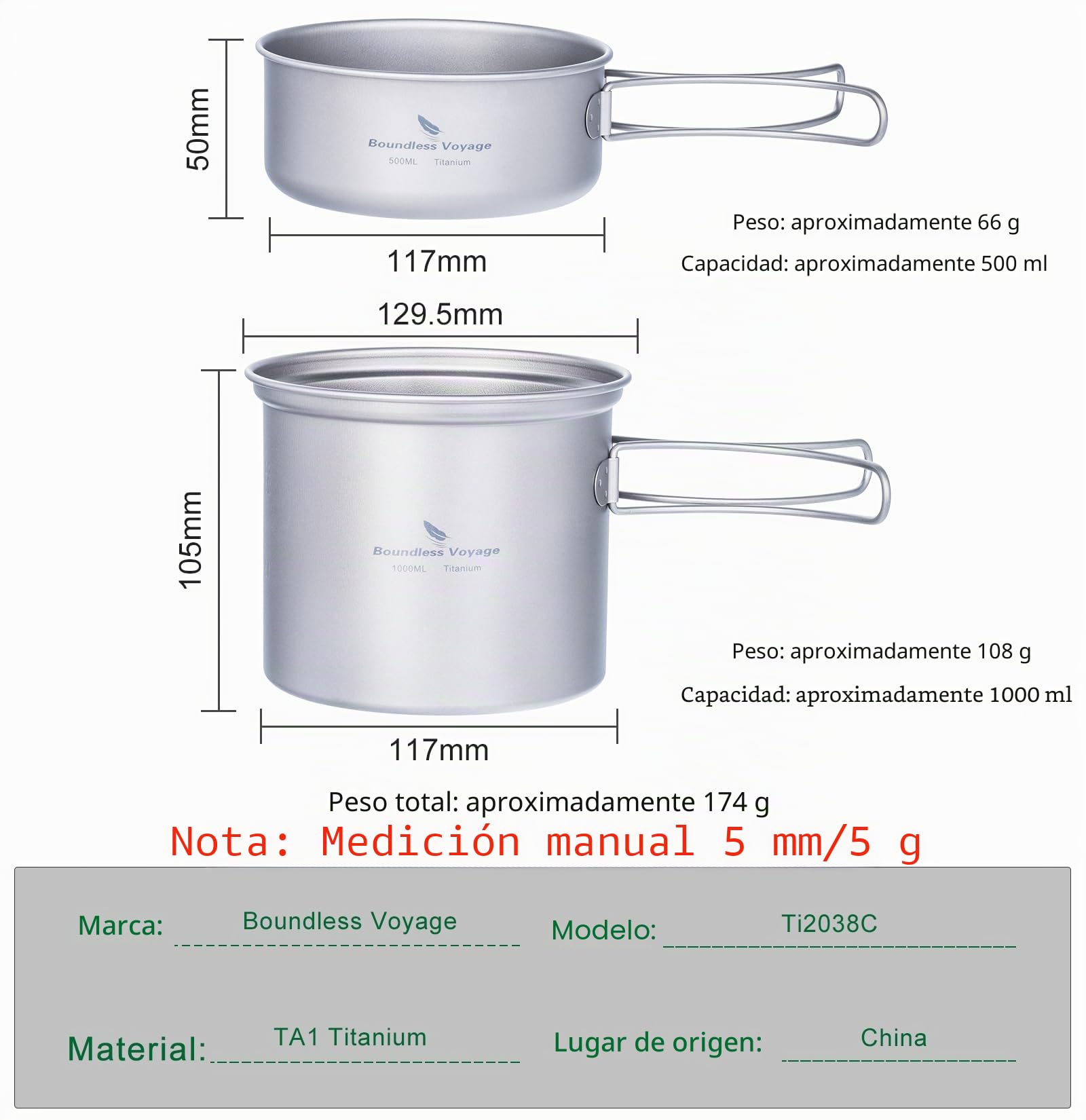 Boundless Titanium Pot Bowl con empuñadura Plegable Juego de vajilla de Cocina de Picnic para Acampar al Aire Libre