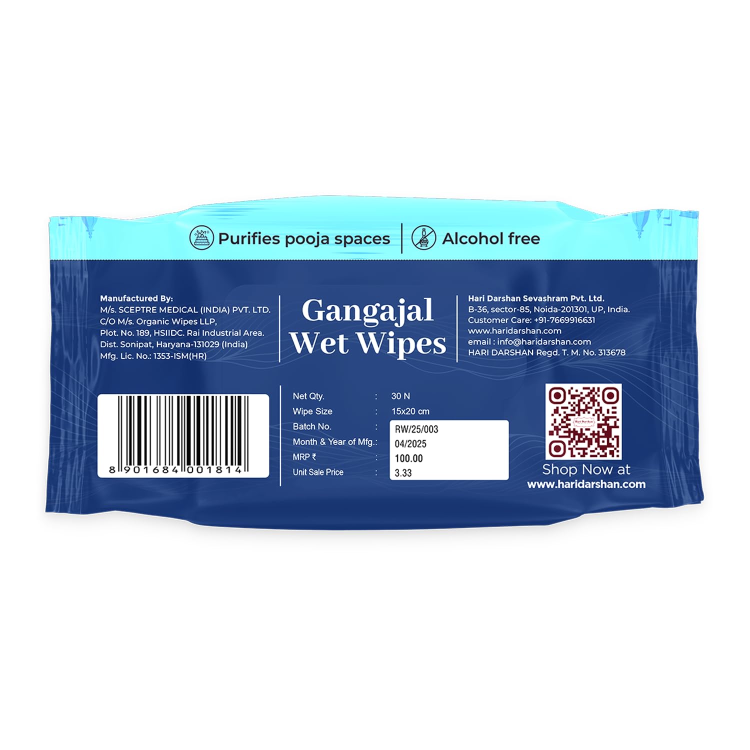Hari Darshan Gangajal Wet Wipes for Pooja & Rituals | Pack of 2 (30 Wipes Each) | Alcohol-Free, Germ Protection, Fast-Drying | Purifying Wipes with Ganga Water | Multipurpose Use | Fresh Scent