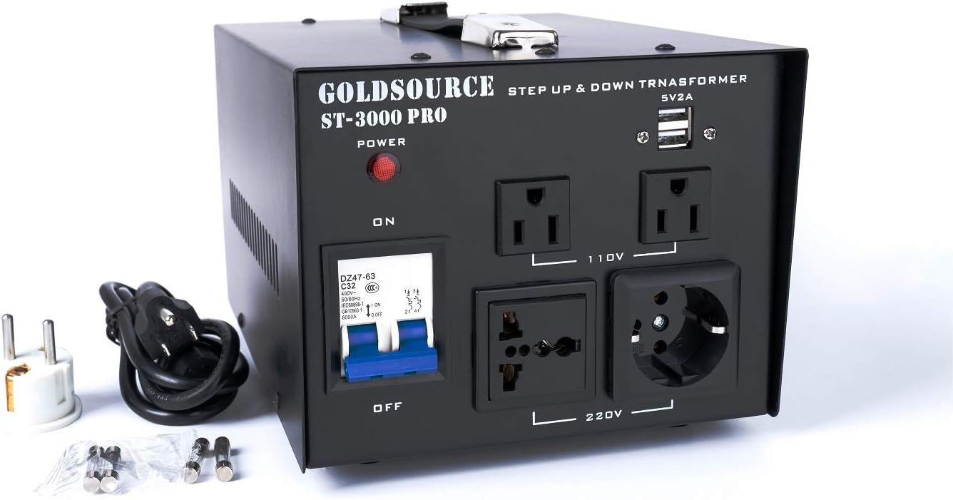 - 3000W ST-Pro Auto Step Up & Step Down Voltage Transformer Converter, Heavy-Duty AC 110/220V Converter with US Standard, Universal, Schuko AC Outlets & DC 5V USB Port by Goldsource [3-Year Warranty]