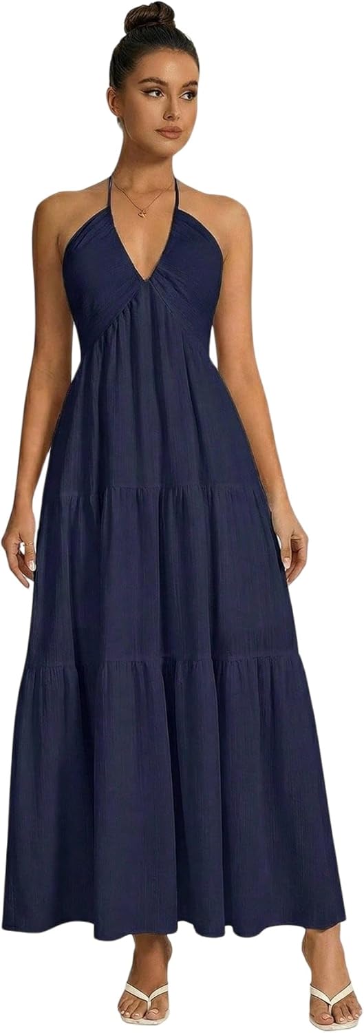 OYOANGLE Women's Summer Beach Formal Wedding Guest Dress Backless Flowy Vacation Boho Maxi Dresses