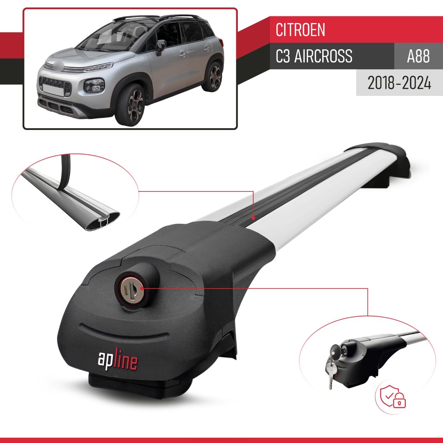 Compatible con Citroen C3 Aircross (A88) 2018-2024 Modelo Ace-1 Barra de Techo Auto Portaequipajes Barras Transversales Gris Aluminio 2 Barras