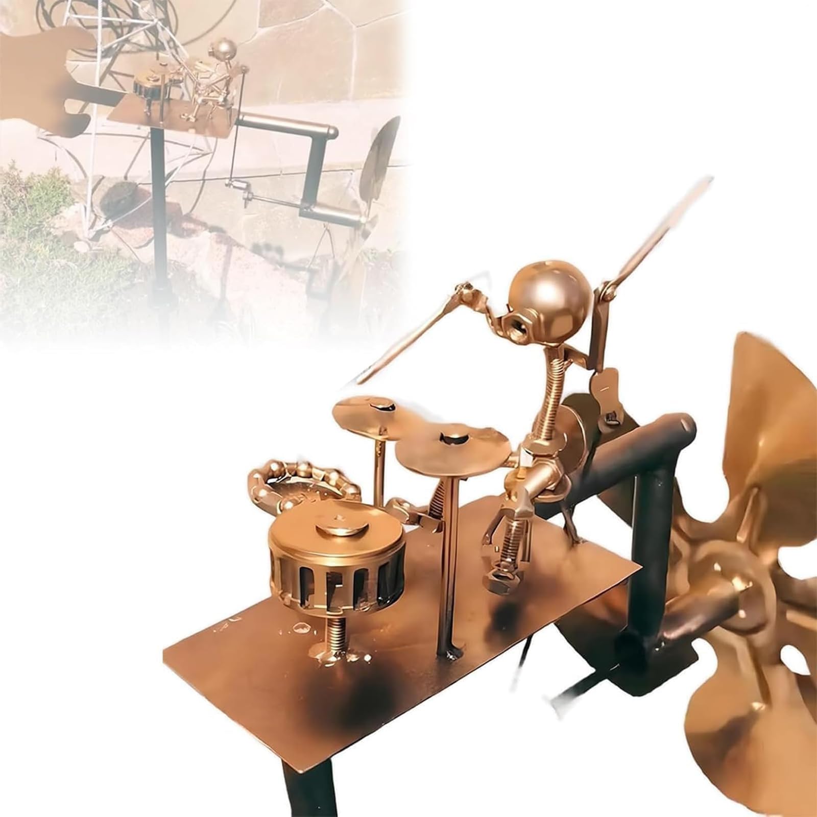 Handmade Metal Drummer Windmill Garden Decoration, Steampunk Drummer Garden Spinner, Rockin Art Percussionist Music Figurines, Wind-Powered Kinetic Sculpture for Yard Lawn Gardens Decor (Gold)