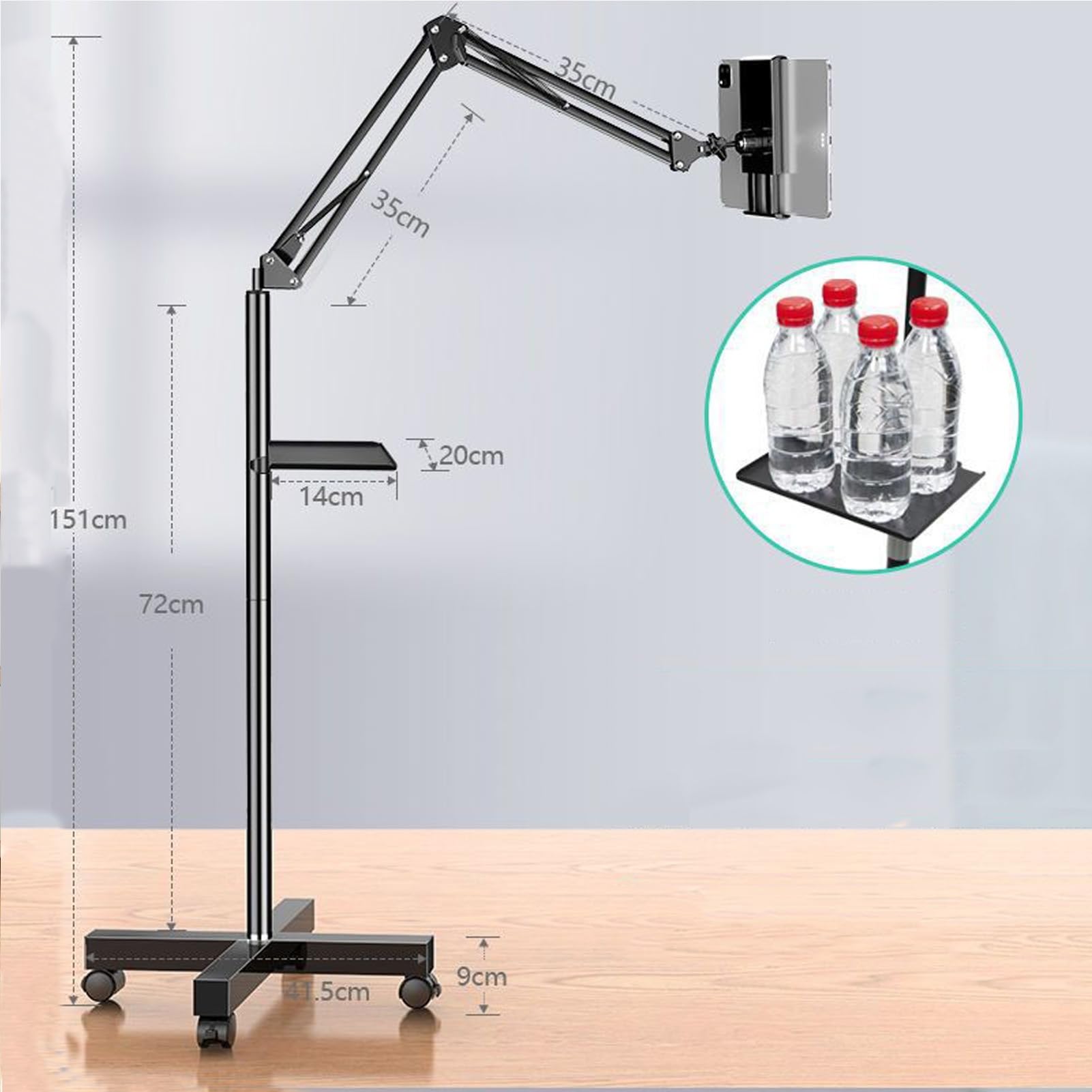 Soporte móvil para Tablet con Ruedas bloqueables Altura Ajustable Soporte Universal de Suelo con Ruedas para Tablets de 3.5 a 10.6 Pulgadas,Soporte portátil para Tablet(with casters and Storage Tray)