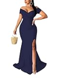 Women Sexy Off Shoulder Prom Evening Gowns Elegant V Neck Short Sleeve Wrap Formal High Split Wedding Guest Dress