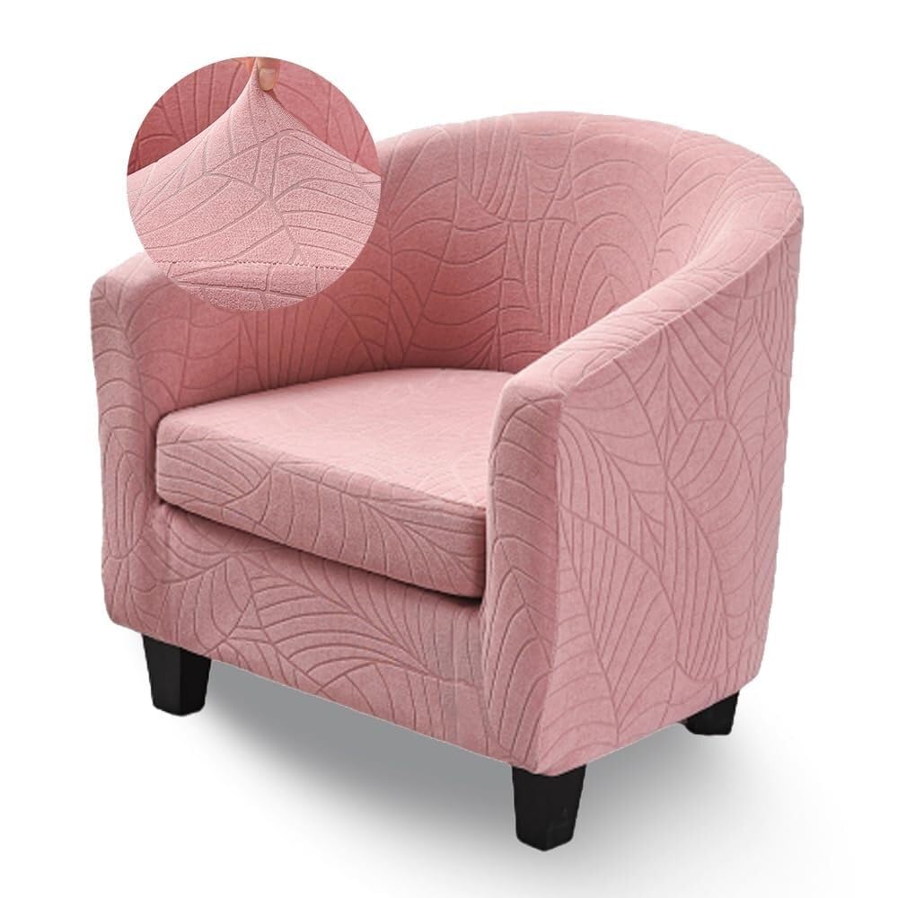 Xiao Ren Tub Chair Cover 2 Piece Leaf Jacquard Armchair Slipcovers with Seat Cover Stretch Removable Washable Bucket Chair Covers Furniture Protector for Club Bar Office Reception(Pink)