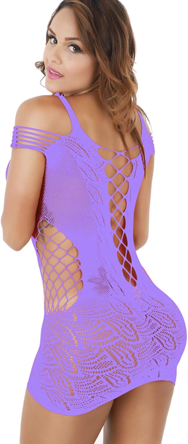 Women Sexy Flexible Fishnet Lingerie V-Neck Babydoll Mesh Teddy Bodysuit Mini Dress One Size - Image 2