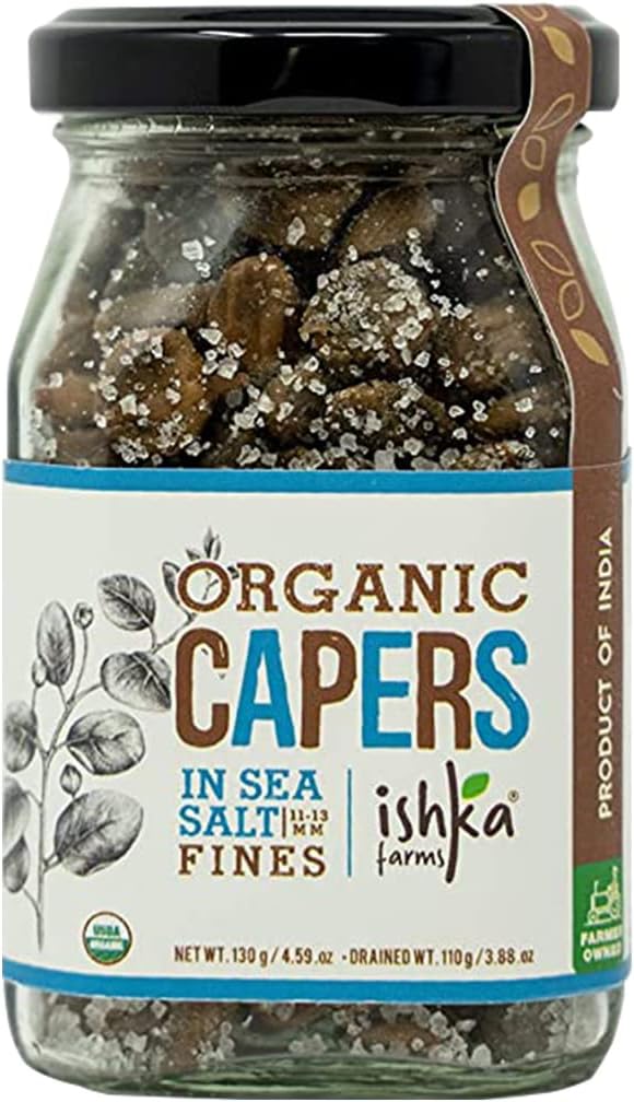 Ishka Farms Organic Capers in Sea Salt Fines - 130g, [11-13mm] Perfect in Marinade, Unique Chutneys & Salty Snack (Kair, Ker, Keir)