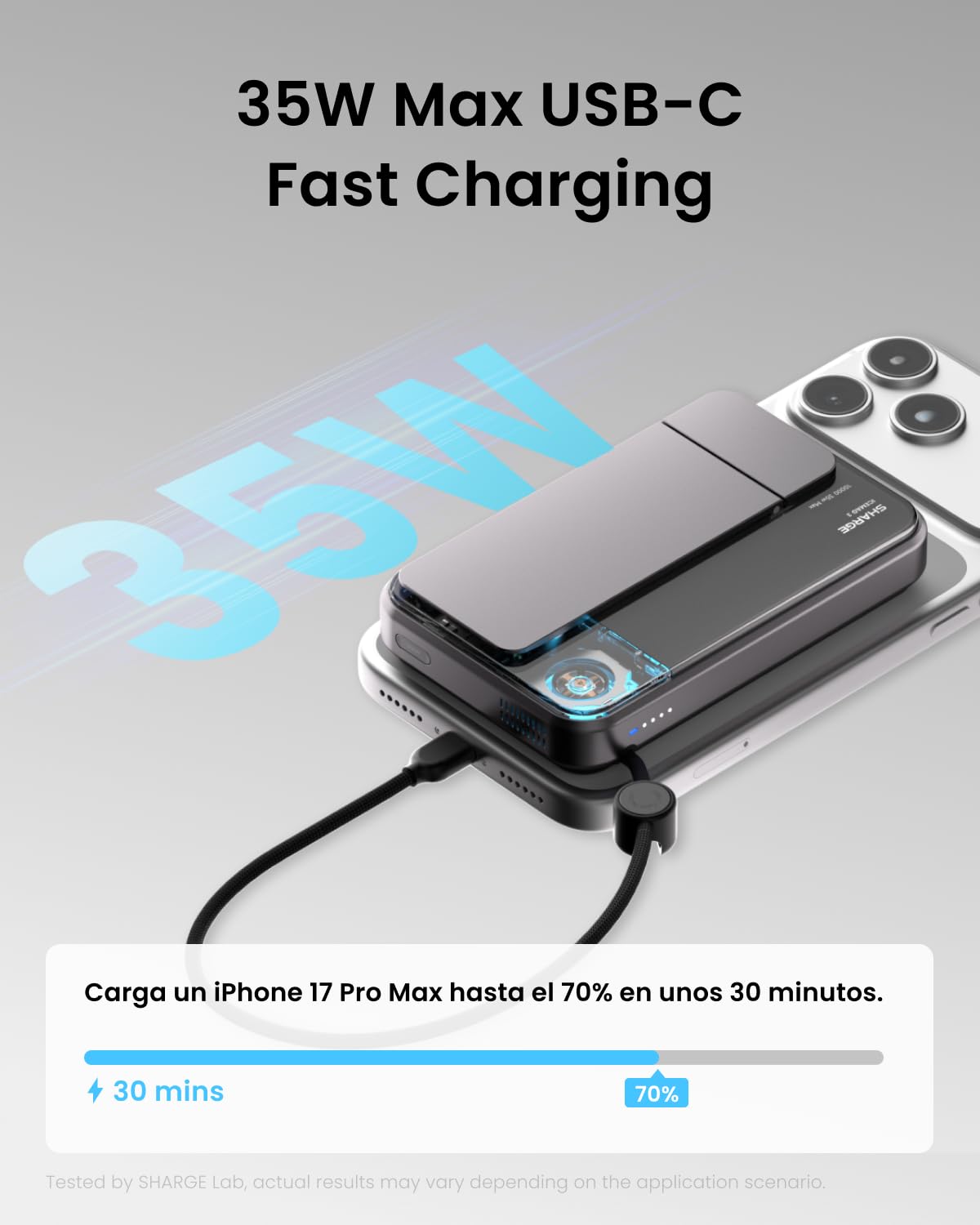 sharge ICEMAG 3 Power Bank Inalámbrico Magnético 10000mAh, Qi2.2 25W Cargador Portátil 10000mAh con Active Cooling 3.0, Carga Rápida USB-C 35W, Transparente RGB (WH-EU)