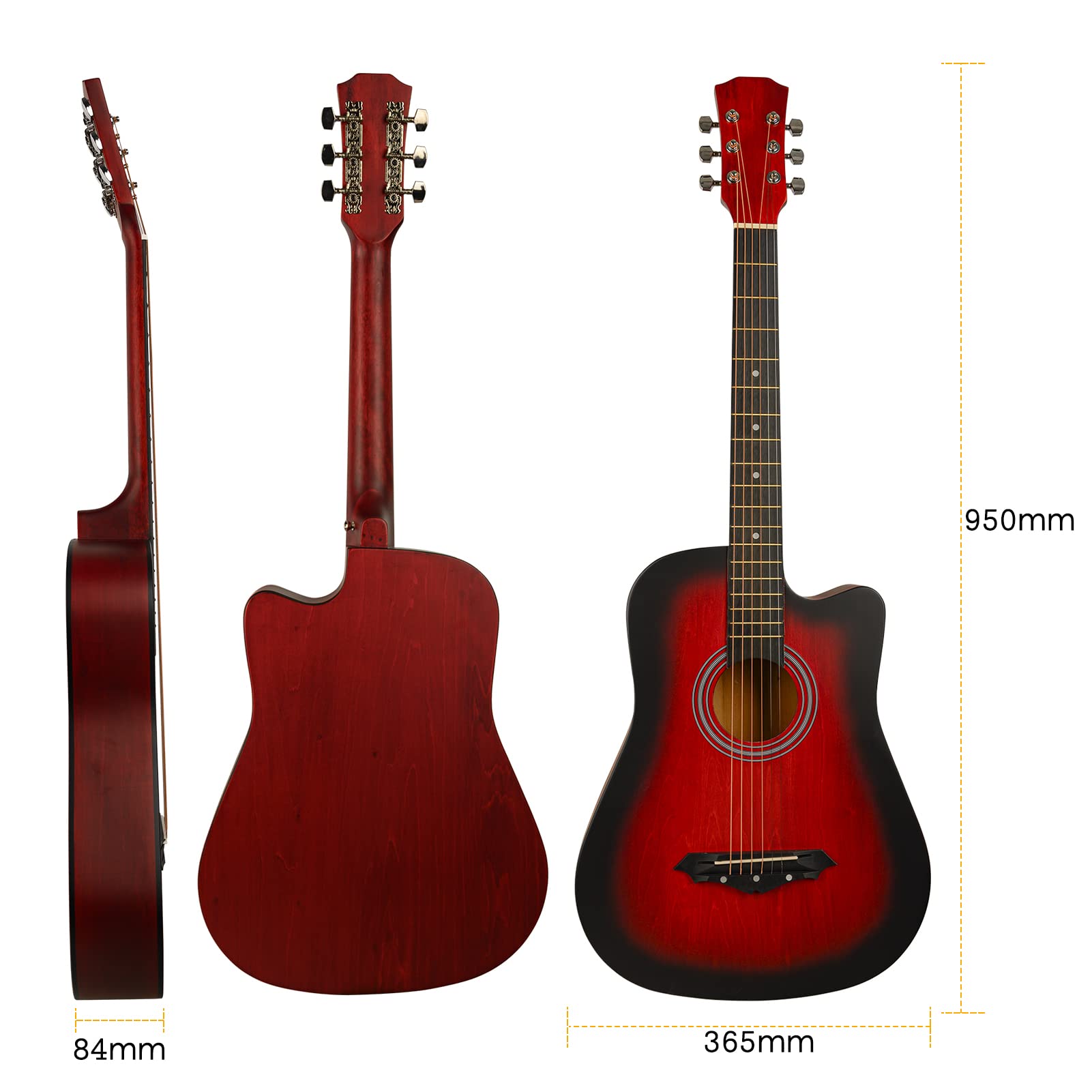 Gitara akustyczna, HUIOP gitara akustyczna w przekroju gitara ludowa 38 cali, ręcznie tarte drewno lipowe z celuloidowym podkładem, uchwyt na kostkę, deska ochronna, pasek, tuner, kapodastra
