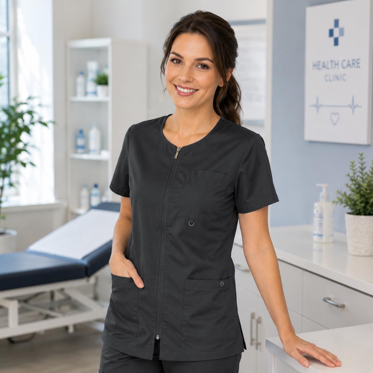B-well Stella Kasacks Veste de soin pour femme avec fermeture éclair, à manches courtes, 4 poches