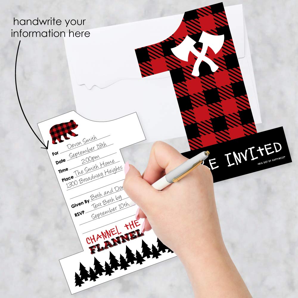 Big Dot of Happiness 1st Birthday Lumberjack - Channel the Flannel - Shaped Fill-In Invitations - Buffalo Plaid First Birthday Party Invitation Cards with Envelopes - Set of 12