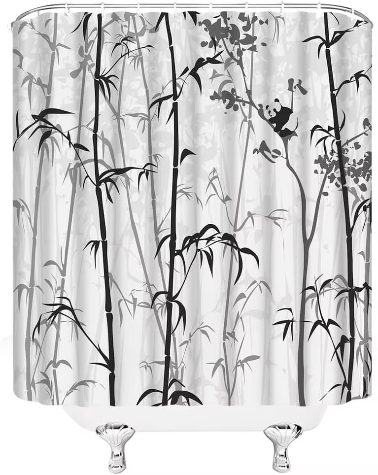 Cortinas de Ducha en Blanco y Negro para baño, diseño de Bosque de bambú, Estilo japonés, asiático, Retro, Chino, Pintura Abstracta, decoración de baño (70 x 140 cm, Resistente al Moho)