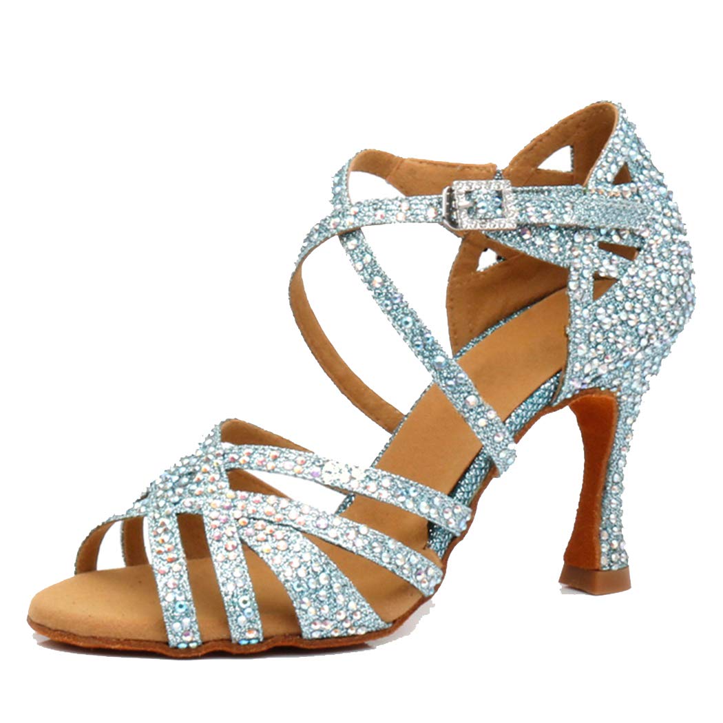 Sandalias de baile moderno latino con correa cruzada para mujer, con diamantes de imitación de tango social, bailes, Tacón marrón de 9 cm. — view 22