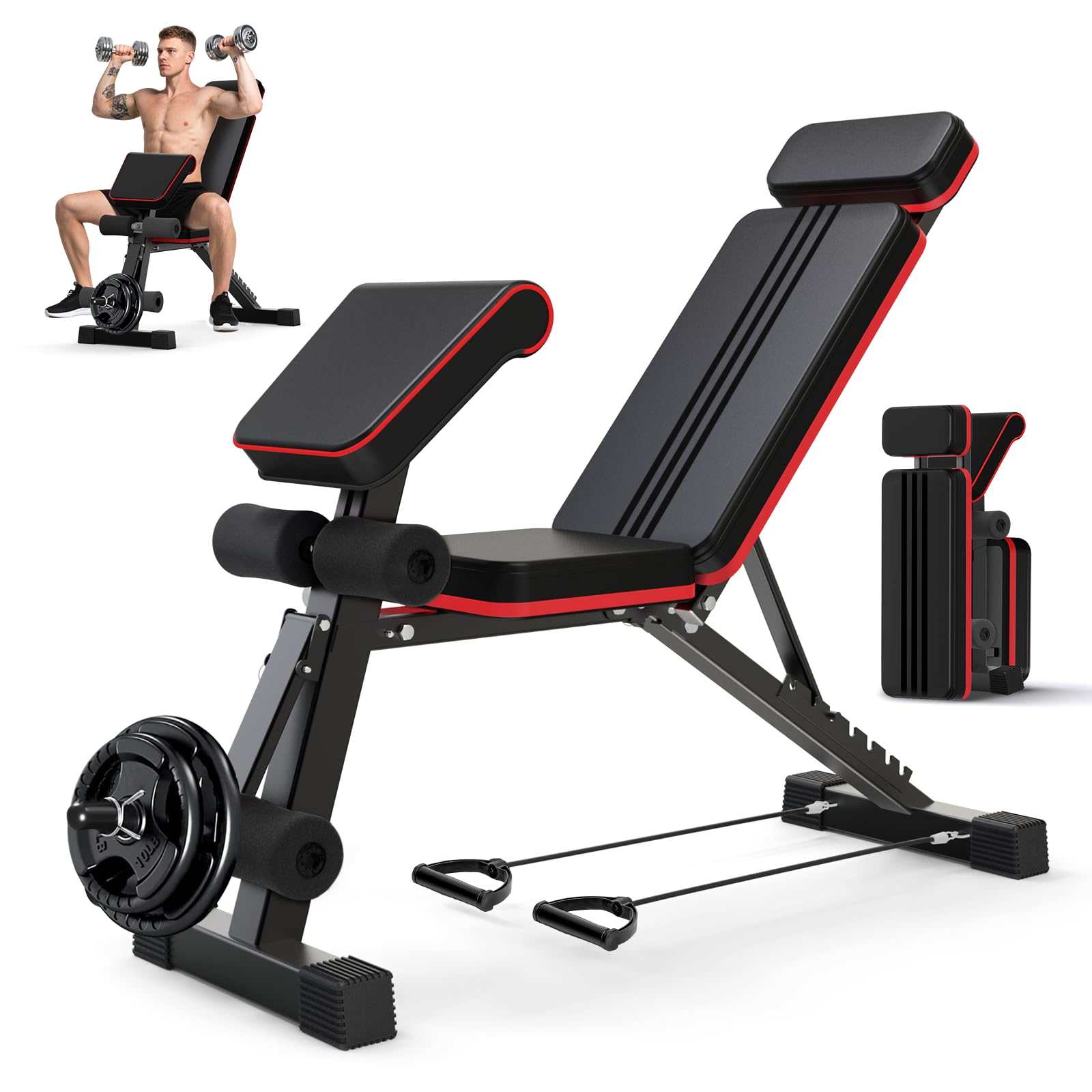 Hantelbank Klappbare Verstellbare 400 kg Kapazität, 12 in 1 Fitnessbank Multifunktionale mit Beinstrecker und Preacher-Curl-Polster, Trainingsbank für das Heim-Fitnessstudio und Ganzkörpertraining
