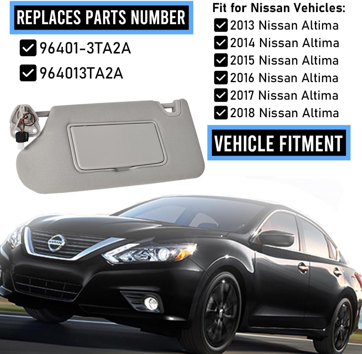 Sun Visor Left Driver Side LH with Mirror and Light Without Sunroof Fit for Nissan Altima 2013 2014 2015 2016 2017 2018 Replace OE# 96401-3TA2A (Left Driver Side) Gray
