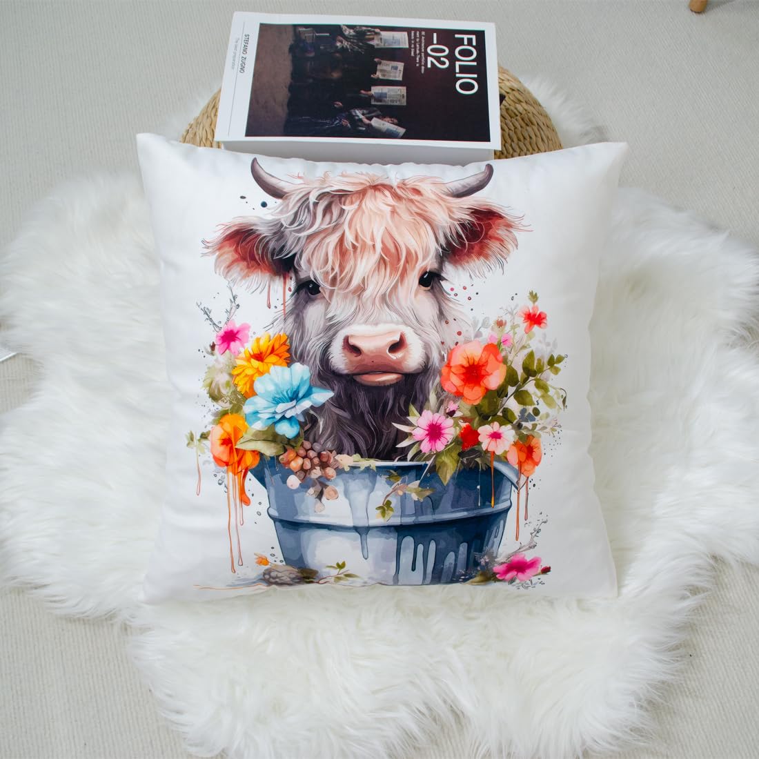 DILOXNSU Highland Cow Gifts Cushion Cover 45x45cm Home Decorate Cute Happy Color Baby Highland Cow in Flowers Bucket Cushions for Livingroom Couch Sofa Decor Throw Pillow Case 18"x18" - Image 3