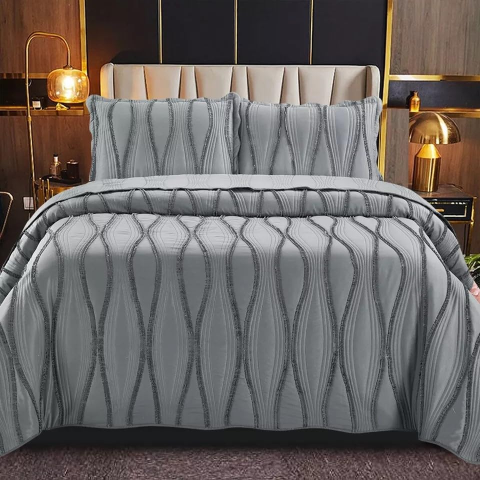 Inspire Me Cosy Bedspread - Quilted Bedspread Bed Throw with 2 Pillow Sham – Embossed Pattern - Soft Microfiber Bedding Set (Grey, Super King)