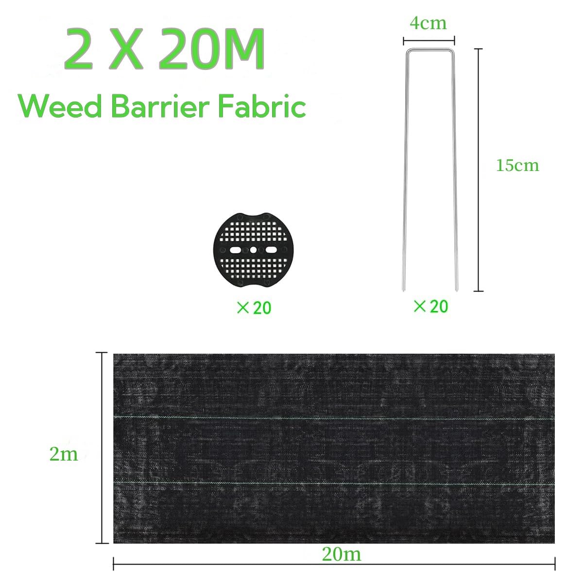 Toile Anti-Mauvaises Herbes Headley Tools - 2x20m + 20 Piquets - Perméable Et Ultra Résistante