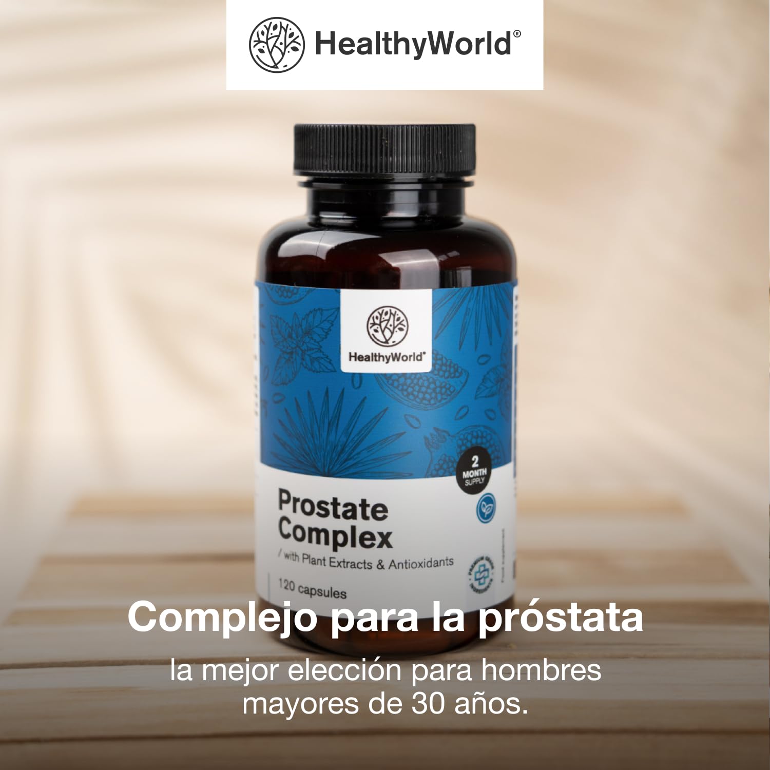 HealthyWorld complejo para la próstata - para hombres - 120 cápsulas vegetales - con semillas de calabaza, granada, ortiga, palma enana, vitamina E, zinc y selenio - apoyo a la próstata